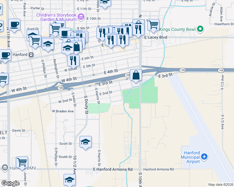 map of restaurants, bars, coffee shops, grocery stores, and more near 312 East 2nd Street in Hanford