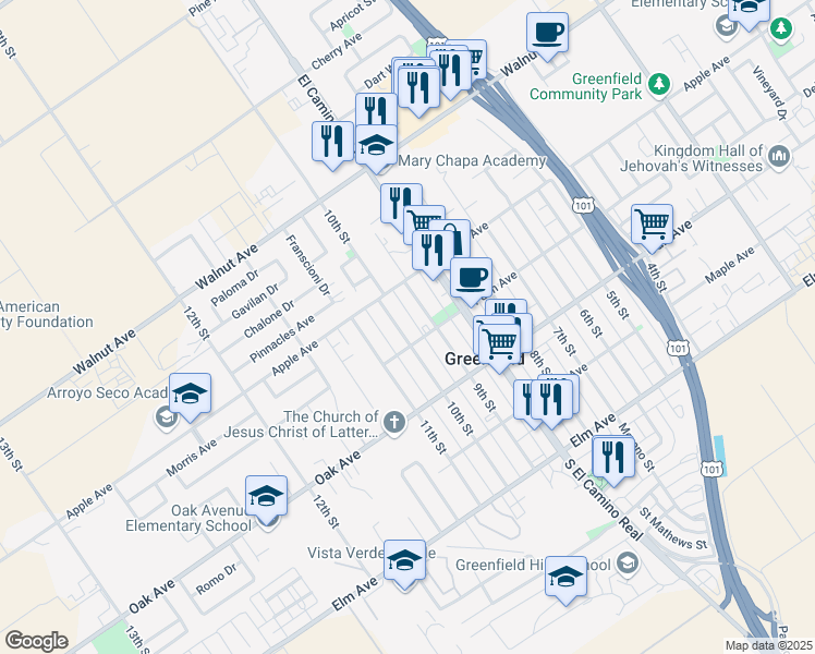 map of restaurants, bars, coffee shops, grocery stores, and more near 316 10th Street in Greenfield