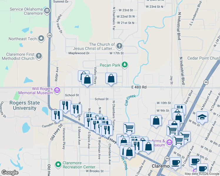 map of restaurants, bars, coffee shops, grocery stores, and more near 1405 North Chambers Avenue in Claremore
