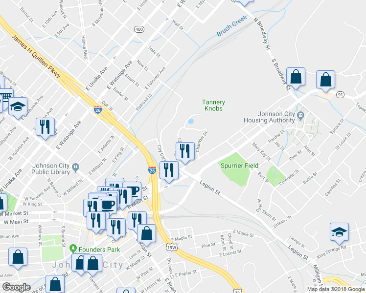 map of restaurants, bars, coffee shops, grocery stores, and more near 508 Dennis Drive in Johnson City