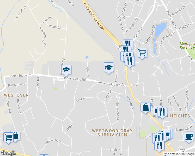 map of restaurants, bars, coffee shops, grocery stores, and more near 2018 Indian Ridge Road in Johnson City