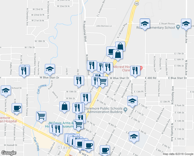 map of restaurants, bars, coffee shops, grocery stores, and more near 608 East 480 Road in Claremore