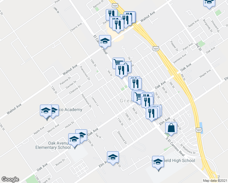 map of restaurants, bars, coffee shops, grocery stores, and more near 316 10th Street in Greenfield