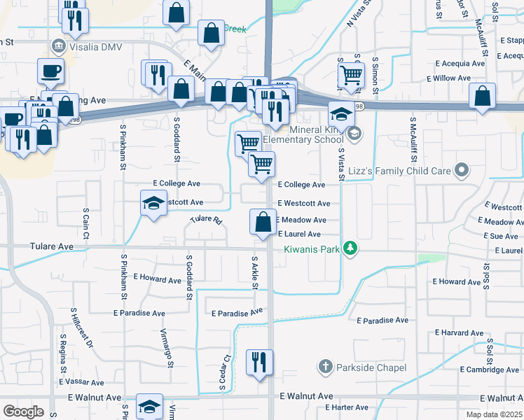 map of restaurants, bars, coffee shops, grocery stores, and more near 999 South Lovers Lane in Visalia