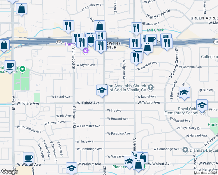 map of restaurants, bars, coffee shops, grocery stores, and more near 4028 West Meadow Avenue in Visalia