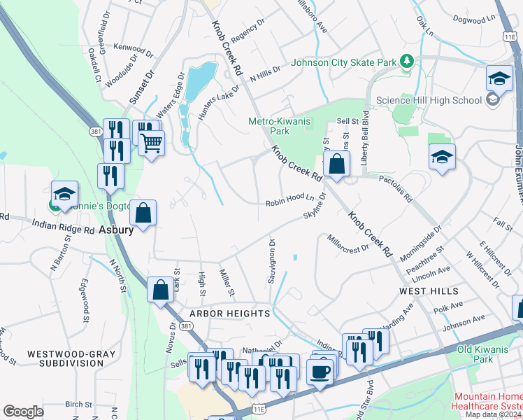 map of restaurants, bars, coffee shops, grocery stores, and more near 1531 Robin Hood Lane in Johnson City