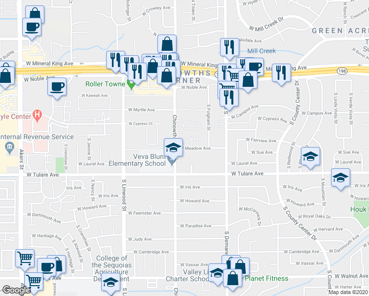 map of restaurants, bars, coffee shops, grocery stores, and more near 4018 West Meadow Avenue in Visalia