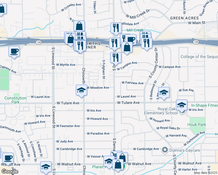 map of restaurants, bars, coffee shops, grocery stores, and more near 911 South Demaree Street in Visalia