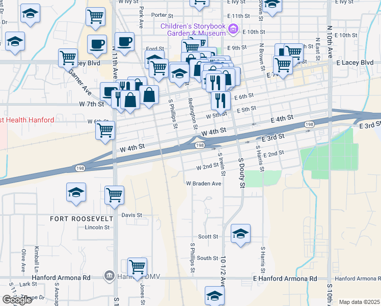 map of restaurants, bars, coffee shops, grocery stores, and more near 351 West 4th Street in Hanford