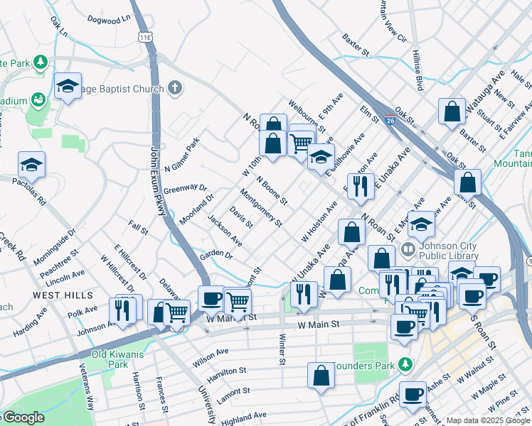 map of restaurants, bars, coffee shops, grocery stores, and more near 801 Montgomery Street in Johnson City