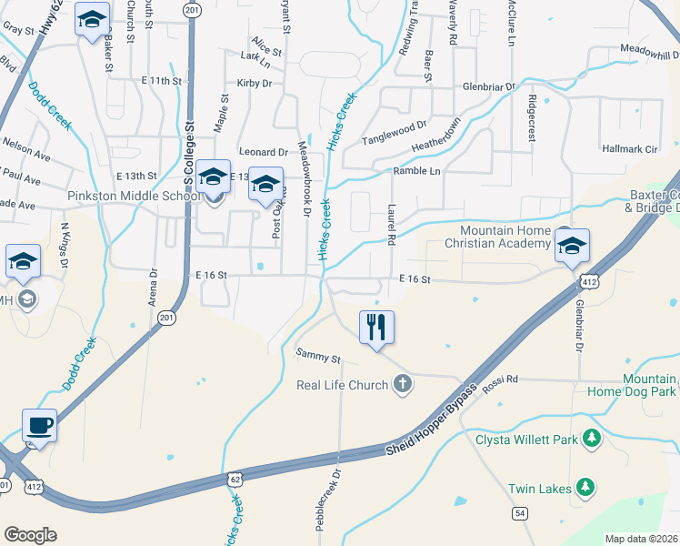 map of restaurants, bars, coffee shops, grocery stores, and more near 1511 Meadowbrook Drive in Mountain Home