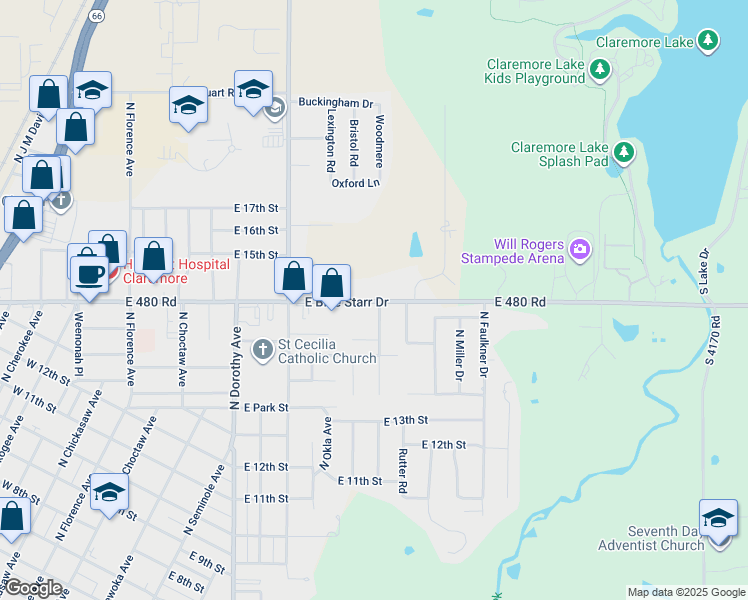 map of restaurants, bars, coffee shops, grocery stores, and more near 608 East Blue Starr Drive in Claremore
