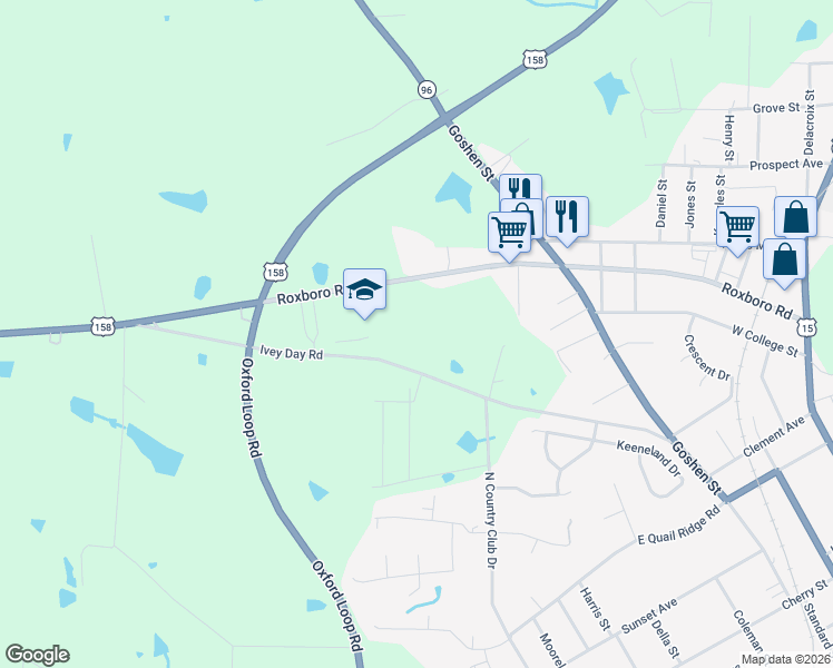 map of restaurants, bars, coffee shops, grocery stores, and more near 617-699 Roxboro Road in Oxford