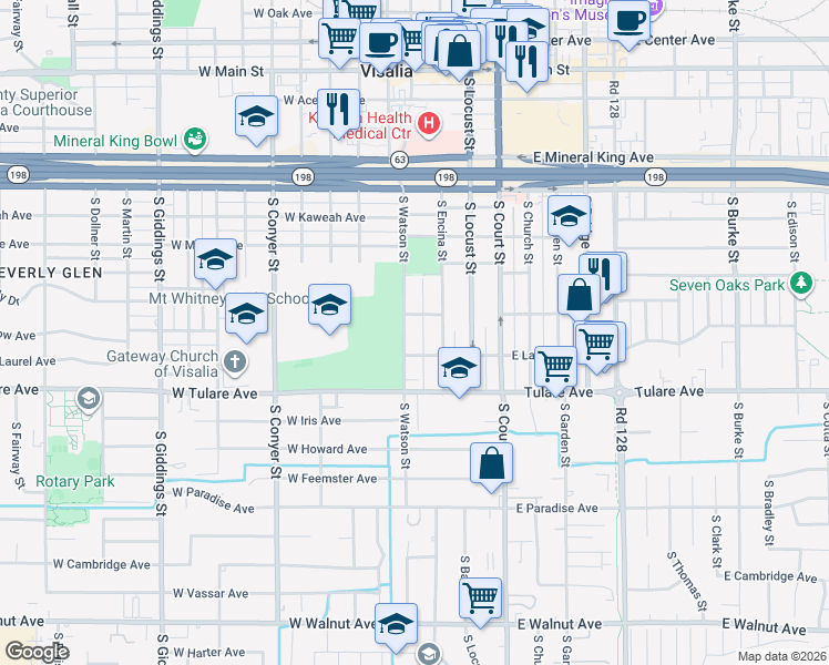 map of restaurants, bars, coffee shops, grocery stores, and more near 810 South Watson Street in Visalia