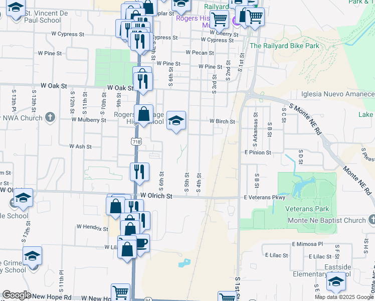 map of restaurants, bars, coffee shops, grocery stores, and more near Mountain Lake Drive in Rogers