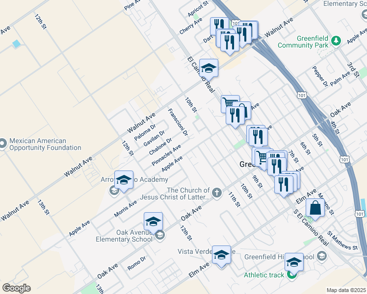 map of restaurants, bars, coffee shops, grocery stores, and more near 1075 Chalone Drive in Greenfield