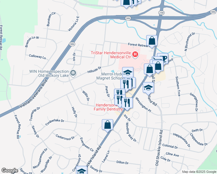 map of restaurants, bars, coffee shops, grocery stores, and more near 120 Pana Drive in Hendersonville
