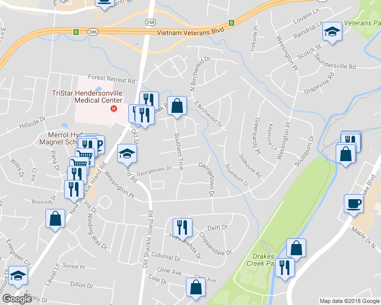 map of restaurants, bars, coffee shops, grocery stores, and more near 104 Glen Oak Court East in Hendersonville