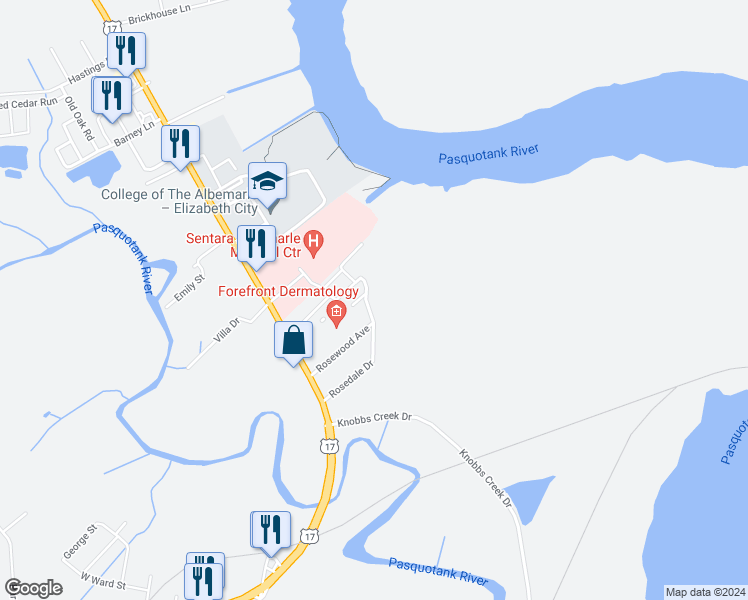 map of restaurants, bars, coffee shops, grocery stores, and more near 137 Rosedale Drive in Elizabeth City
