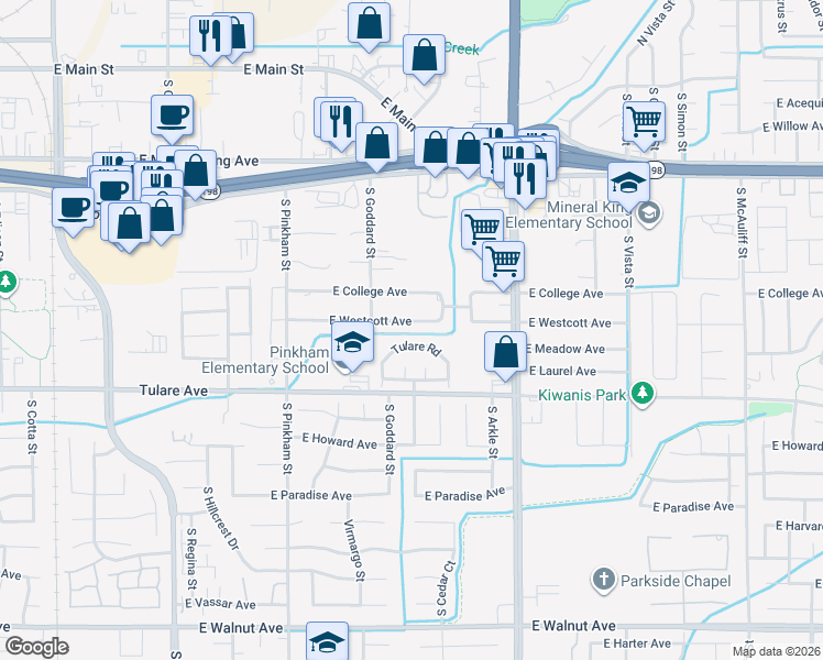 map of restaurants, bars, coffee shops, grocery stores, and more near 2502 East Westcott Avenue in Visalia