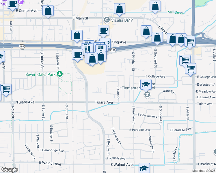 map of restaurants, bars, coffee shops, grocery stores, and more near 944 South Regina Street in Visalia