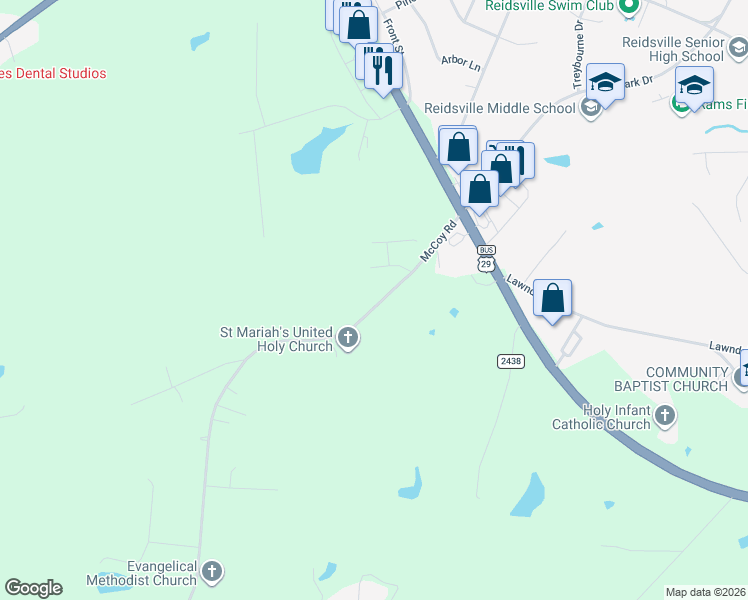 map of restaurants, bars, coffee shops, grocery stores, and more near 116 McCoy Road in Reidsville