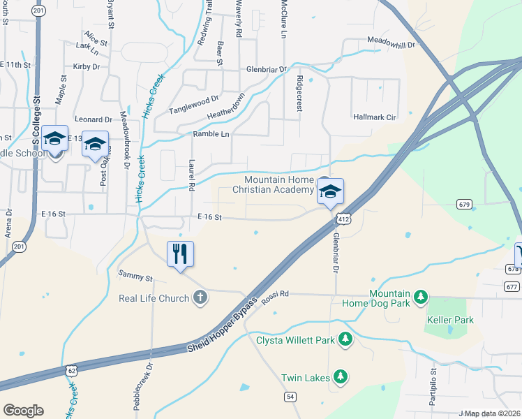 map of restaurants, bars, coffee shops, grocery stores, and more near 1215 Glenbriar Court in Mountain Home