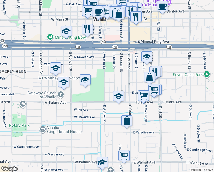 map of restaurants, bars, coffee shops, grocery stores, and more near 808 South Watson Street in Visalia