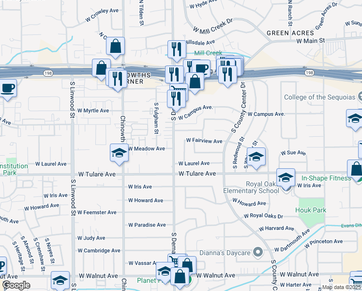 map of restaurants, bars, coffee shops, grocery stores, and more near 921 South Silvervale Street in Visalia