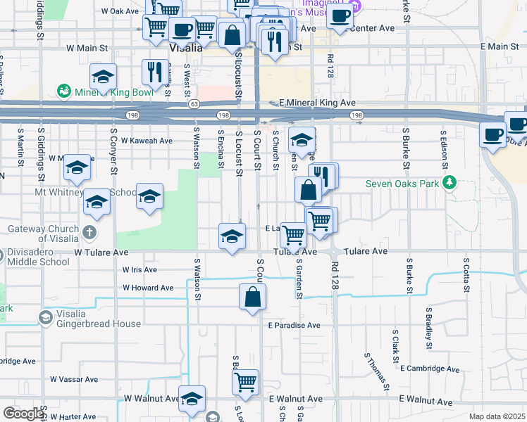 map of restaurants, bars, coffee shops, grocery stores, and more near 802 South Court Street in Visalia