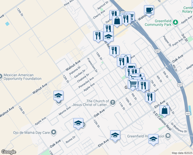 map of restaurants, bars, coffee shops, grocery stores, and more near 1067 Pinnacles Avenue in Greenfield