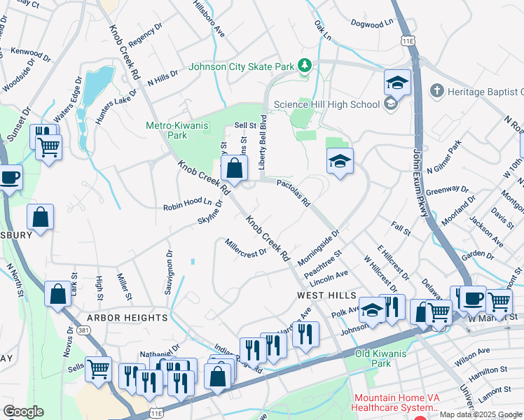 map of restaurants, bars, coffee shops, grocery stores, and more near 1306 Knob Creek Road in Johnson City