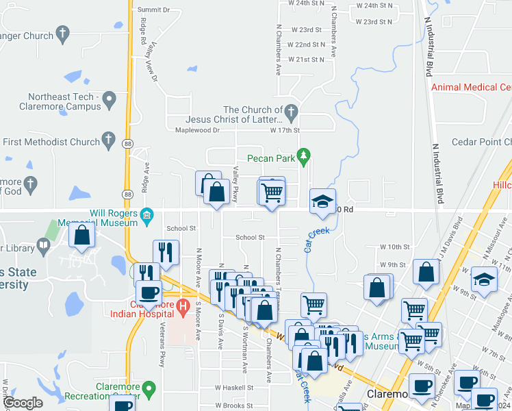 map of restaurants, bars, coffee shops, grocery stores, and more near 1390 West Blue Starr Drive in Claremore