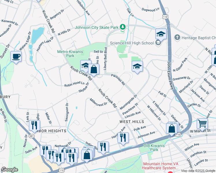 map of restaurants, bars, coffee shops, grocery stores, and more near 1306 Knob Creek Rd in Johnson City