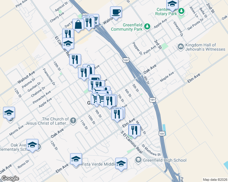 map of restaurants, bars, coffee shops, grocery stores, and more near 704 Oak Avenue in Greenfield
