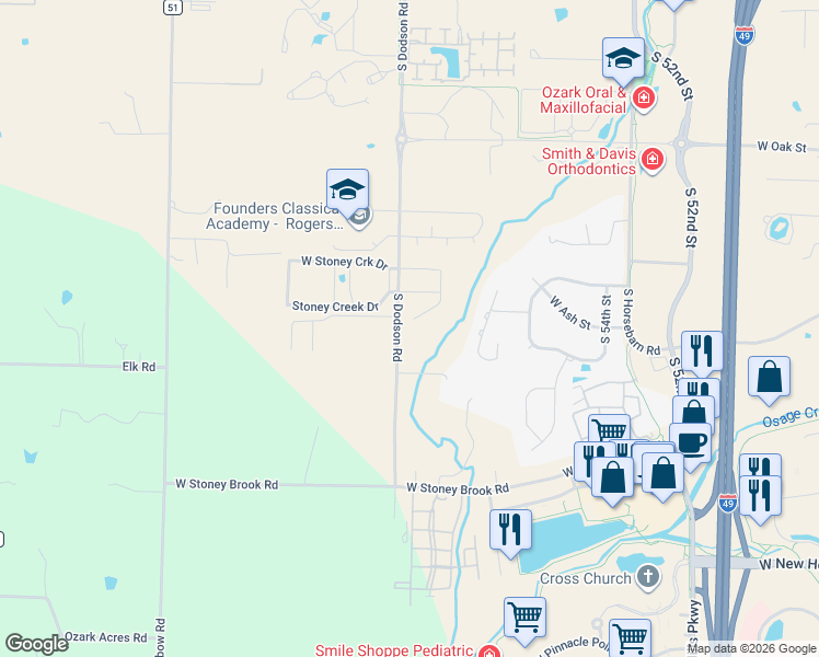 map of restaurants, bars, coffee shops, grocery stores, and more near 811 Brookside Court in Rogers