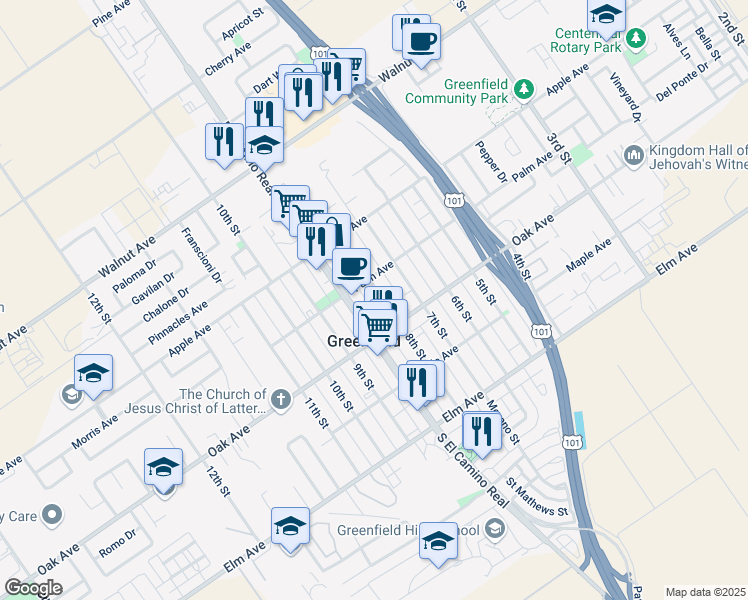 map of restaurants, bars, coffee shops, grocery stores, and more near 239 8th Street in Greenfield