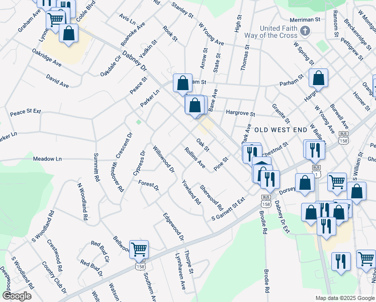 map of restaurants, bars, coffee shops, grocery stores, and more near 423 Oak Street in Henderson