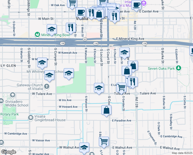 map of restaurants, bars, coffee shops, grocery stores, and more near 802 South Encina Street in Visalia