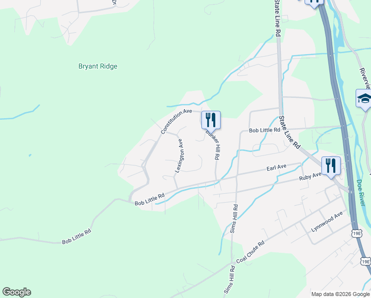 map of restaurants, bars, coffee shops, grocery stores, and more near 111 Liberty Circle in Elizabethton