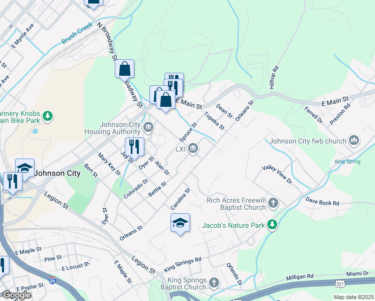 map of restaurants, bars, coffee shops, grocery stores, and more near 1002 South Broadway Street in Johnson City