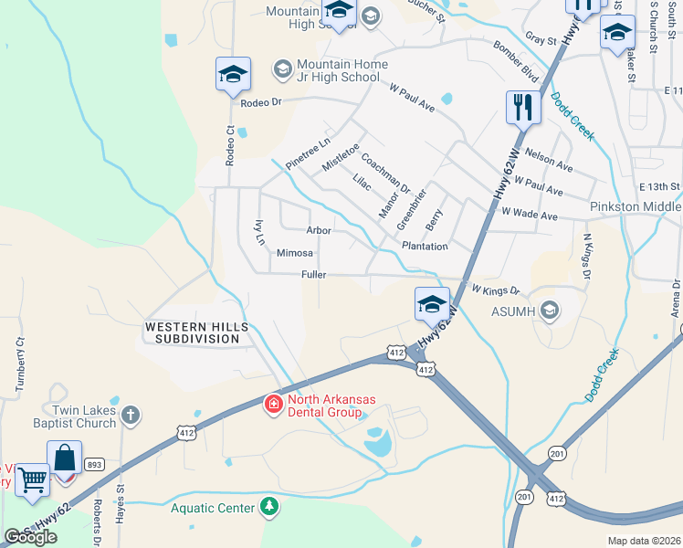 map of restaurants, bars, coffee shops, grocery stores, and more near 1714 Fuller in Mountain Home