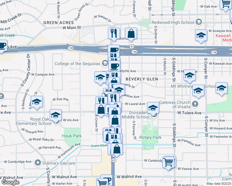 map of restaurants, bars, coffee shops, grocery stores, and more near 1800 West Meadow Avenue in Visalia