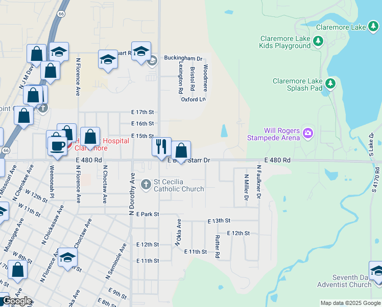 map of restaurants, bars, coffee shops, grocery stores, and more near 608 East 480 Road in Claremore