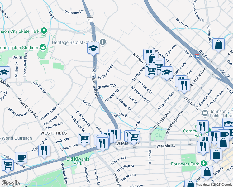 map of restaurants, bars, coffee shops, grocery stores, and more near 309 Moorland Drive in Johnson City