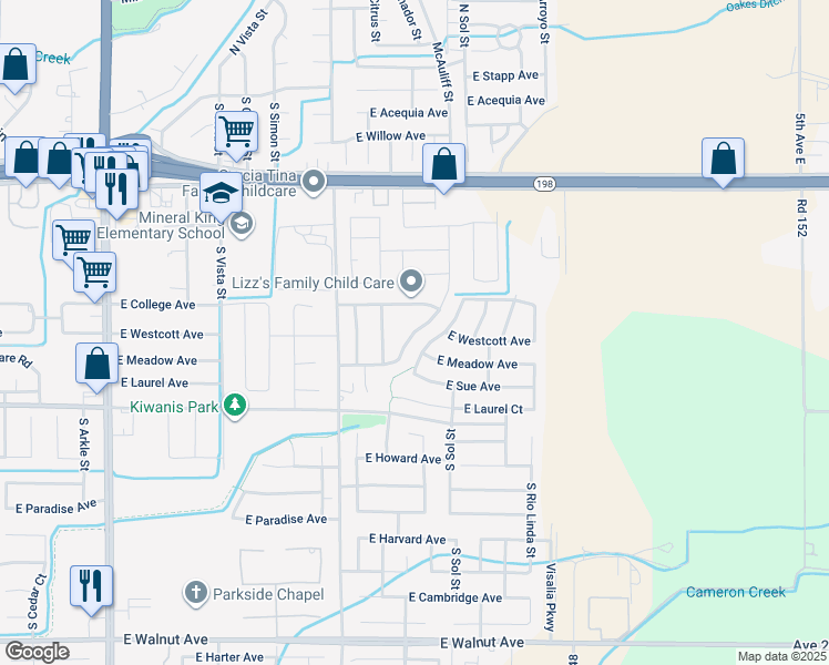 map of restaurants, bars, coffee shops, grocery stores, and more near Belmont Road in Visalia