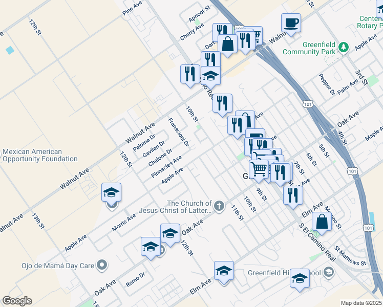 map of restaurants, bars, coffee shops, grocery stores, and more near 1069 Pinnacles Avenue in Greenfield