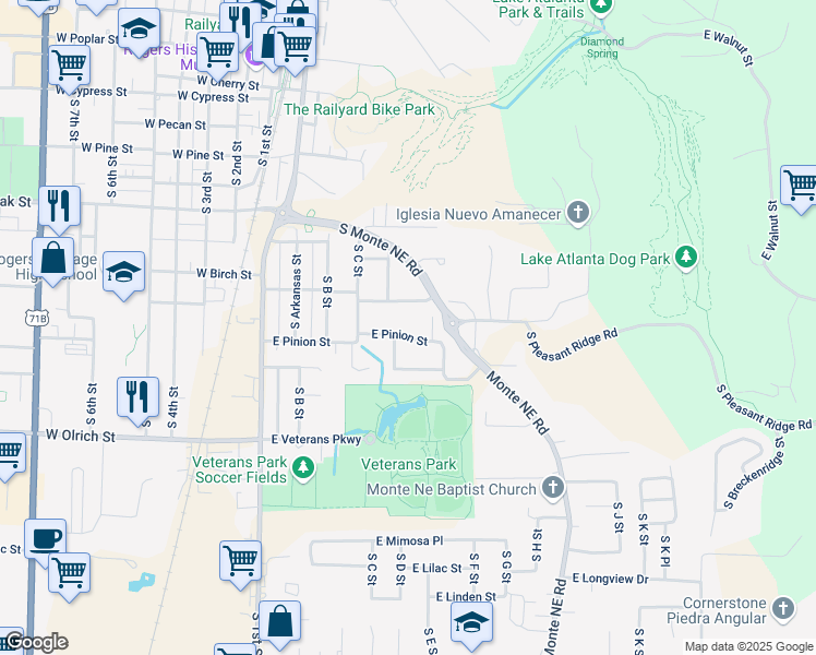 map of restaurants, bars, coffee shops, grocery stores, and more near 505 East Pinion Street in Rogers