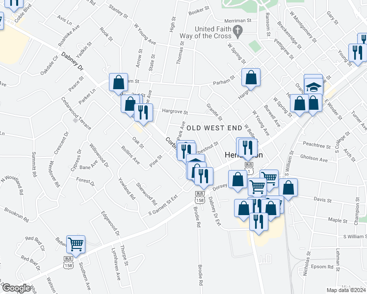 map of restaurants, bars, coffee shops, grocery stores, and more near 250 Corbitt Road in Henderson
