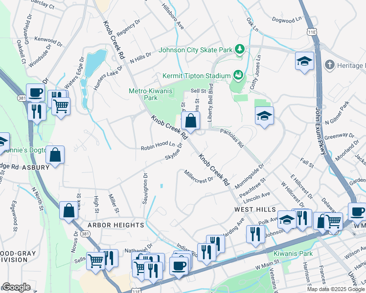 map of restaurants, bars, coffee shops, grocery stores, and more near 1003 Skyline Dr in Johnson City